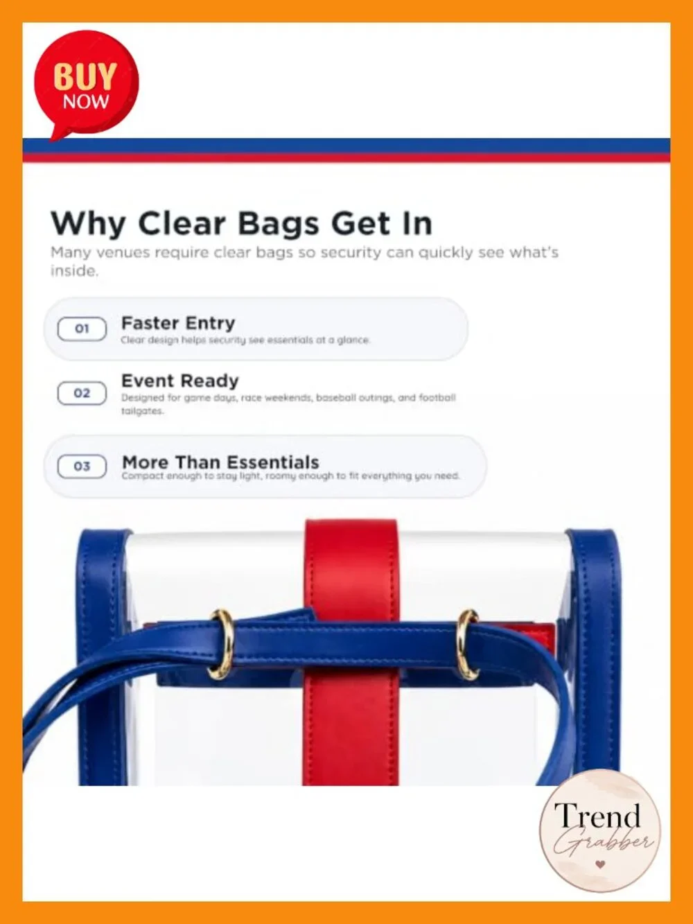 Clear Crossbody Bag for Concerts Sports Festivals, PU Leather Trim, Adjustable